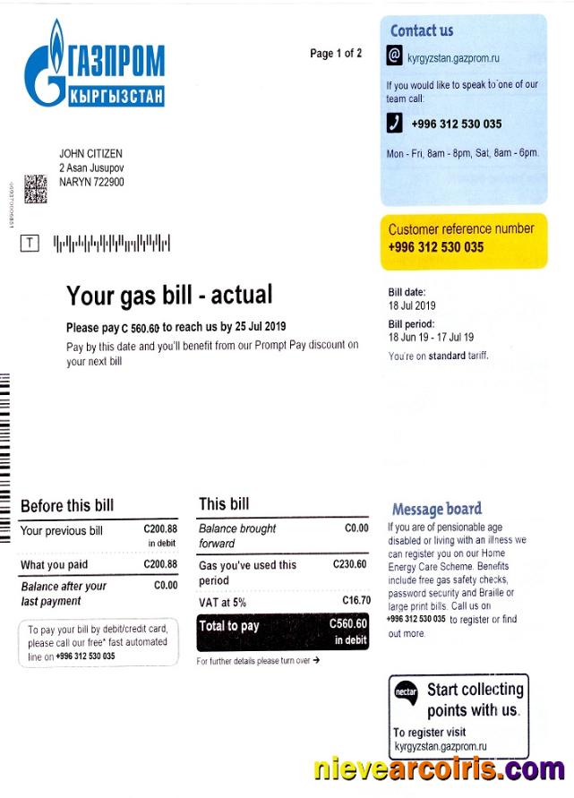 Kyrgyzstan gas utility bill
